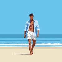 A man in shorts and shirt walking on the beach vector