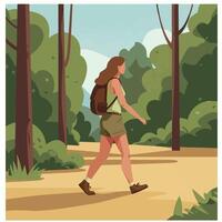 Woman hiking in forest, illustration, isolated vector