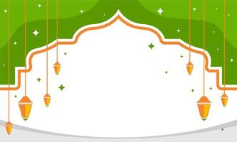 Islamic template background design on green and white with hanging lantern vector