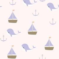 A pattern with whales and boats on a pink background vector