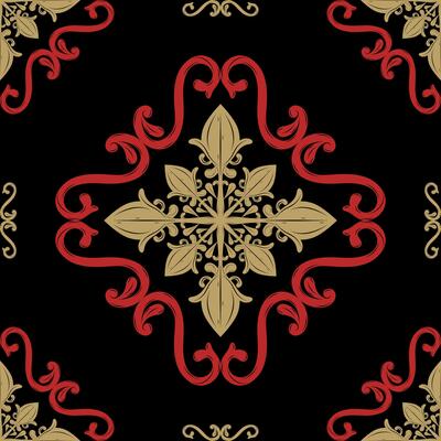 Beautiful Wealth Flowers Design from Scroll Ornament Fleur de lis Style with Gold and Red Silk Weaves Embroidery on Black Background. Intricate Luxury Repeat Seamless Pattern For Decoration Wallpaper