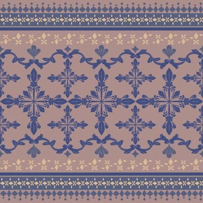 Artistic Medieval Detailed Scroll Ornament with Blue and Gold on Brown Background Seamless Border Pattern. Magnificent Beautifully Silk Weaves Embroidery for Wallpaper Fabrics Textiles Interior