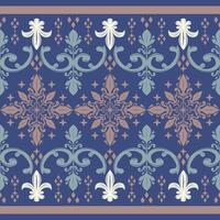 Elegance Luxury Traditional Motif Serve. Seamless Border Stripe Pattern on Deep Blue Background. Scroll Delight Ornament Geometric and Lily of Fleur de lis Design for Rich Decoration High Fashion Lace vector