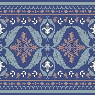 Detailed of Elegance Silk Weaves Ornament with White and Brown Filigree on Royal Deep Blue Background Seamless border Pattern. Fleur De Lis Victorian with Neatly Fine Creative for Silk Apparel Rococo