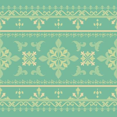 Marvelous Classy Detailed Scroll Ornament on Green Shades Luxury Elegant Western Botanical Florals Design Border Pattern. Elaborate Beautiful Royal Motif Geometric Victorian Style. Fabric Silk