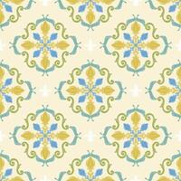 Intricate Medieval Classy shades of blue, green, gold, and teal set against soft cream background. Elaborate Repeat Elegance Ornate Florals Scroll Motif Seamless Pattern for Tiles Wallpaper Rug vector
