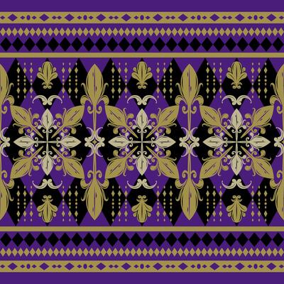 Elegance Rococo Motif Scroll Ornament of Golden Shades on Violet Background Fleur de lis Geometry Border Pattern Design for Luxury interior Fabrics Texture Wallpaper Opulence Detailed Silk Embroidery