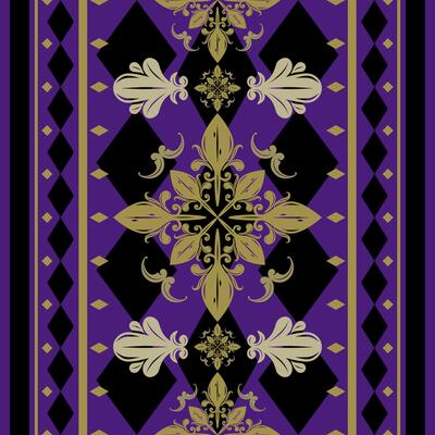 Magnificent Argyle Dark Purple Black Background with Pale Gold Scroll Ornament Florals Buds and Geometric Decoration Pattern Border. Fantastic Fleur de lis Elaborate Eich Haute Couture Design Apparel