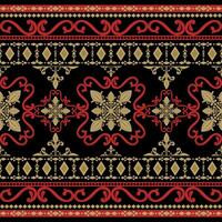 Classy Motif Luxury Oriental Silk Weaves Ethnic Style with Scroll Ornament Fleur de lis Geometric Royal Gold and Red on Honor Black Background Elegance Intricate Detailed for Decoration Pattern Border vector