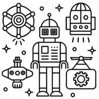 robot and other items in a line drawing vector