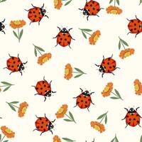 Cute summer seamless pattern with orange flower and red ladybug. Nature patterns with insects for textile, wallpaper. vector