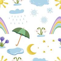 Cute children weather elements seamless pattern. Sun, clouds, rain, rainbow, snowflakes, puddle, moon and stars, umbrella. The first spring flowers are snowdrop and crocus. vector