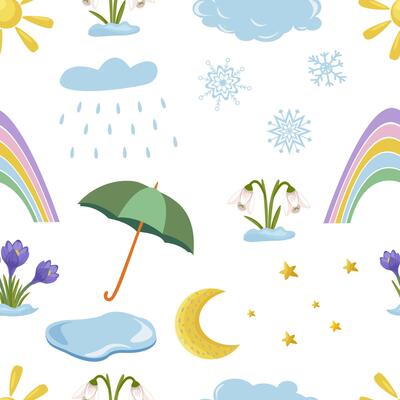 Cute children weather elements seamless pattern. Sun, clouds, rain, rainbow, snowflakes, puddle, moon and stars, umbrella. The first spring flowers are snowdrop and crocus.