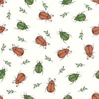 Seamless pattern with insects. May bug, cockchafer , rose chafer, green beetle and leaves on a white background. vector