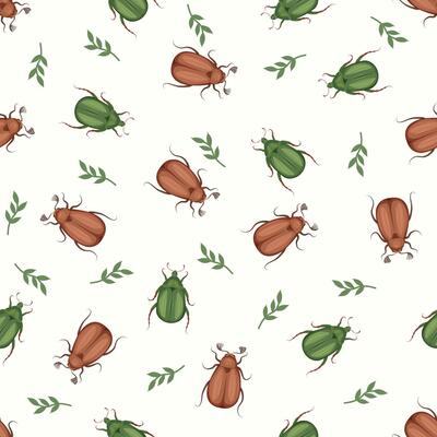 Seamless pattern with insects. May bug, cockchafer , rose chafer, green beetle and leaves on a white background.