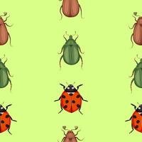 Seamless pattern with insects. May bug, cockchafer , rose chafer, green beetle and lady bug on a green background. vector