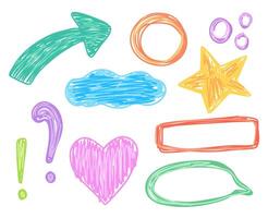 Childlike abstract set with arrows, speech bubble and star in crayon drawn style vector