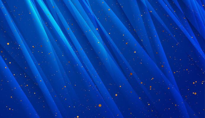 Deep blue glossy striped abstract background with golden particles