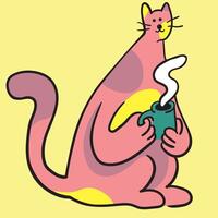 colored cat character drinking coffee in doodle style vector