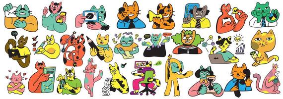big set of colored business cats characters in doodle style vector