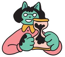 colored cat character with send clock in doodle style vector