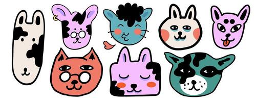 colored middle set of cats portrait in doodle style vector