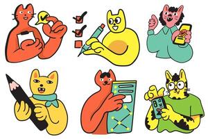 middle set of colored business cats characters at work in doodle style vector