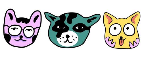 colored small set of cats portrait in doodle style vector