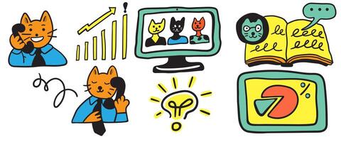 small set of colored business cats characters and infographic in doodle style vector