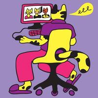 business cat character with computer in doodle style vector