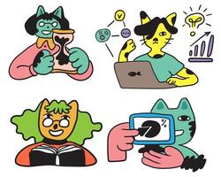 small set of colored business characters as cats in doodle style vector