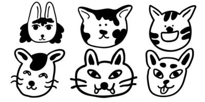 middle set of cats portrait in linear doodle style vector