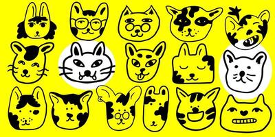 big set of linear cats portrait in doodle vector