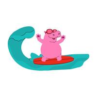 A cartoon hippo riding a surfboard, catching waves with a playful and fun expression. A whimsical and energetic illustration perfect for summer and beach themed designs vector