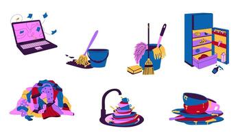 A set of icons depicting various cleaning items, including a bucket filled with supplies, a broom, and a sponge, alongside an open refrigerator with scattered food. Represents cleaning, organization, vector