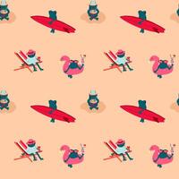 Seamless pattern with cartoon frogs in different beach poses, enjoying summer activities vector