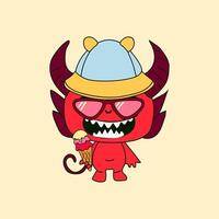 Cartoon devil holding an ice cream cone, enjoying a sweet and mischievous treat in a fun, playful style vector