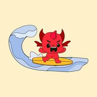 Cartoon red devil surfing on a wave, enjoying a fun and mischievous ride in a playful fantasy style vector