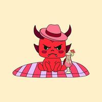 Cartoon devil sitting on a beach towel, relaxing with a cocktail and enjoying a fun and mischievous summer day vector