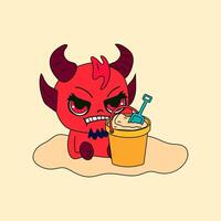 Cartoon devil sitting on the beach, playing in the sandbox with a bucket and shovel, enjoying a fun and mischievous summer day vector