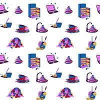 Seamless pattern with icons depicting various cleaning items, including a bucket filled with supplies, a broom, and a sponge, alongside an open refrigerator with scattered food. vector