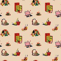 Seamless pattern with women struggling with household chores, representing stress, depression, and the overwhelming burden of domestic responsibilities vector