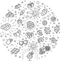 Set outline line icons in flat design chocolate, dessert, cacao and candy vector