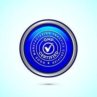 GMP certified icon design illustration. Good manufacturing practice label badge, Blue color round button design vector