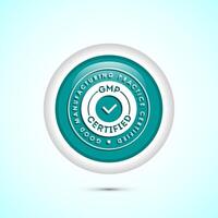 GMP certified icon design illustration. Good manufacturing practice label badge, Teal color round button design vector