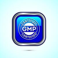 GMP certified icon design illustration. Good manufacturing practice label badge, Blue color square button design vector