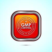 GMP certified icon design illustration. Good manufacturing practice label badge, Orange color square button design vector