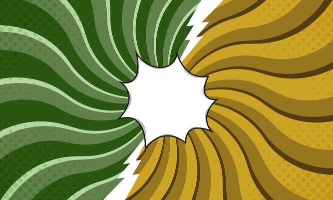 Comic Retro Background, Green and Gold Halftone Swirls, White Speech Bubble