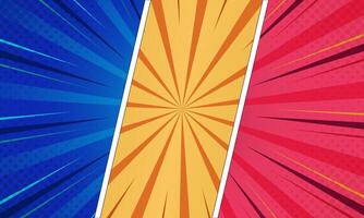 Comic Page Panel Layout with Halftone Dots and Bursting Stripes in Blue, Yellow, Red vector