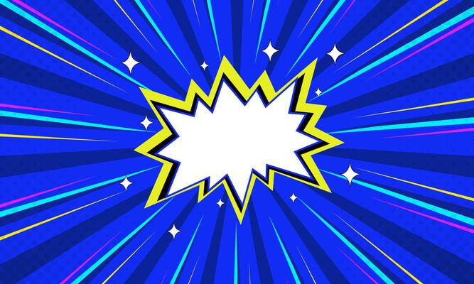 Comic Boom Background, Blue Burst, Halftone Dot Pattern, Star Accents, White Speech Bubble